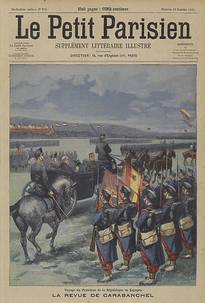 President Loubet of France reviewing Spanish troops at Carabanchel during his visit to Spain (colour litho)