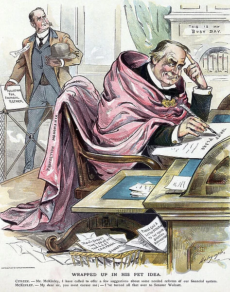 President McKinley dressed in a long cape, 1897