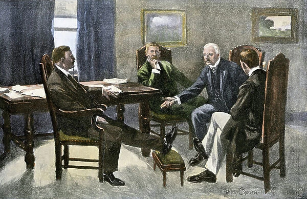 President Theodore Roosevelt (1858 - 1919), President of the United States of America discusses the coal strike with John Pierpont (J.P.) Morgan (1837-1937) and Elihu Root in 1902. Reproduction of a 1902 coloring illustration