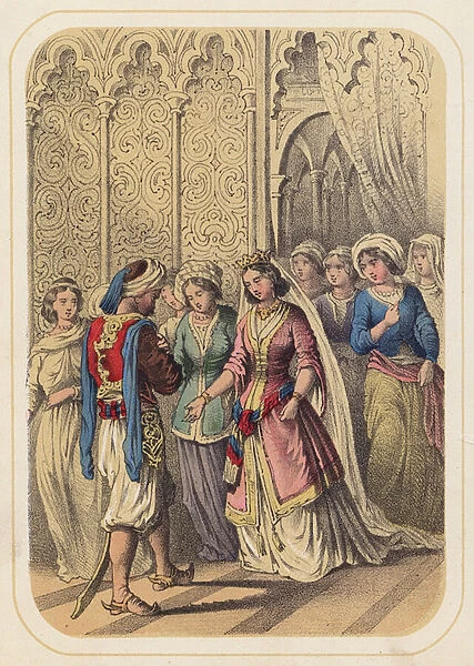 Prince Ahmed and Princess Paribanou in a scene from One Thousand and One Nights (colour litho)