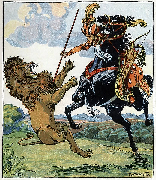 Prince Bahman passed the lion from one side to the other: illustration for the tale Aladin or the wonderful lamp in Arabian Nights, 1929-32 (lithograph)