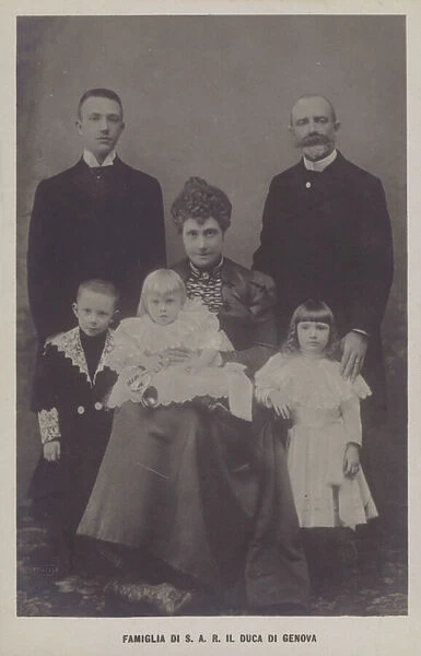 Prince Thomas, Duke of Genoa and his wife, Princess Isabella of Bavaria, with their children (b  /  w photo)