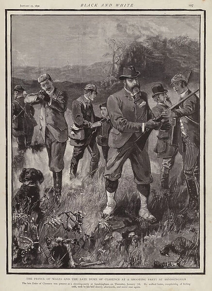 The Prince of Wales and his eldest son, Prince Albert Victor, Duke of Clarence, at a shooting party on the royal estate at Sandringham, Norfolk, shortly before the Dukes death, 1892 (litho)