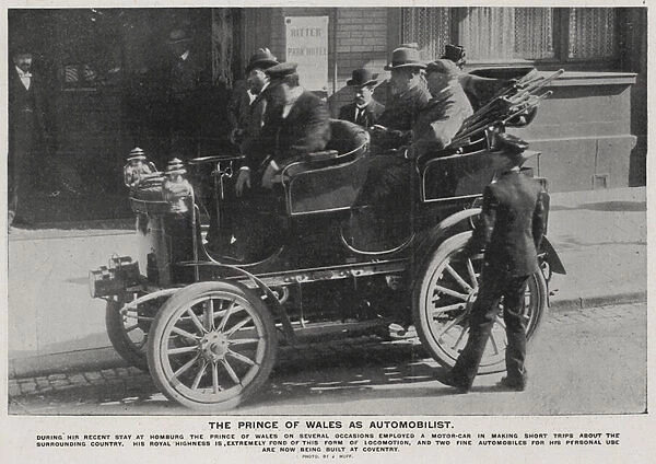 The Prince of Wales travelling by motor car during his visit to the spa resort of Bad Homburg, Germany, 1900 (b  /  w photo)
