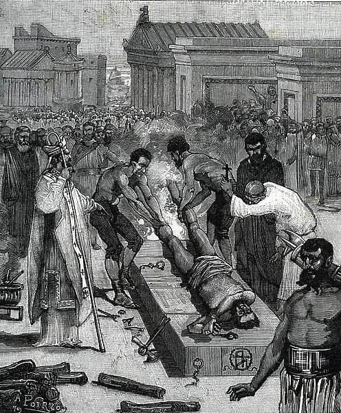 Priscillanism: The martyrdom of Priscillian in 385 condemns for heresy (The martyrdom of Priscillian 385) Engraving from ' The priests and the monks through the ages' by Hippolite Magen, 1857 Private collection