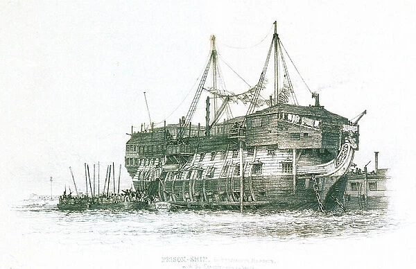 Prison-ship in Portsmouth Harbour with the convicts going on board, 1829 (etching)