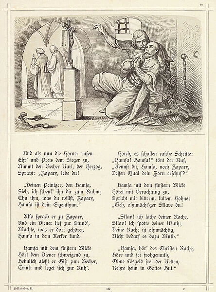 Prisoner liberated by converting to Christianity (engraving)