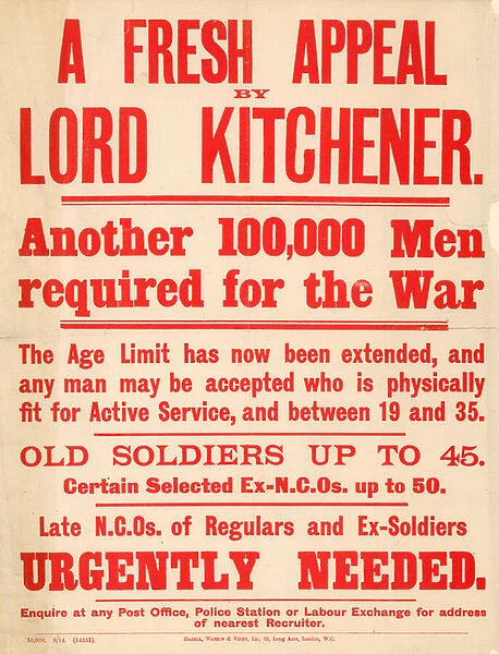 Promotional poster appealing for 100, 000 men to volunteer for service in the war (engraving)