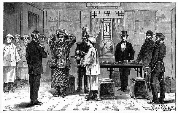 A protocol scene coming out of the table between Chinese Governor Tzo and a Western delegation. Engraving after a drawing by Pranishnikoff, in 'Le Tour du Monde, Nouveau journal des Voyages', edited by Edouard Charton, Paris
