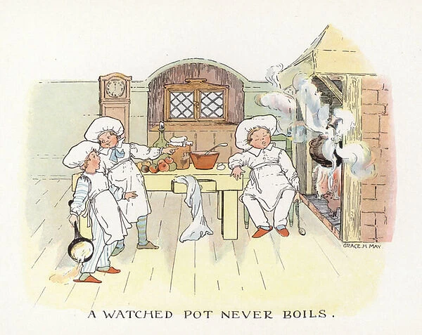 Proverbs Improved: A Watched Pot Never Boils (colour litho)