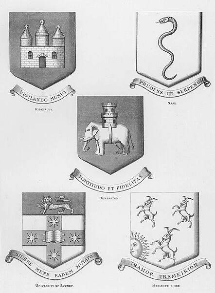 Public arms: Kirkcaldy; Ns; Dumbarton; University of Sydney; Merionethshire (engraving)