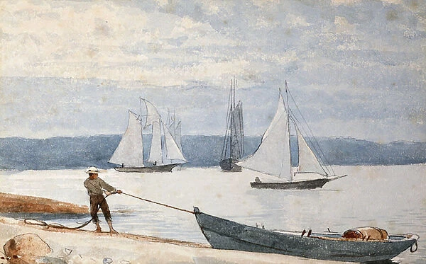 Pulling the Dory, 1880 (watercolor and pencil on paper)