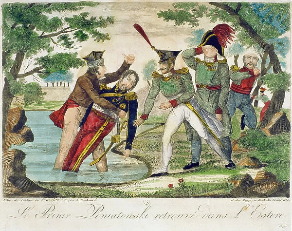 Pulling Prince Joseph Poniatowski (1763-1813) from the Elstera River, 1813 (colour litho)