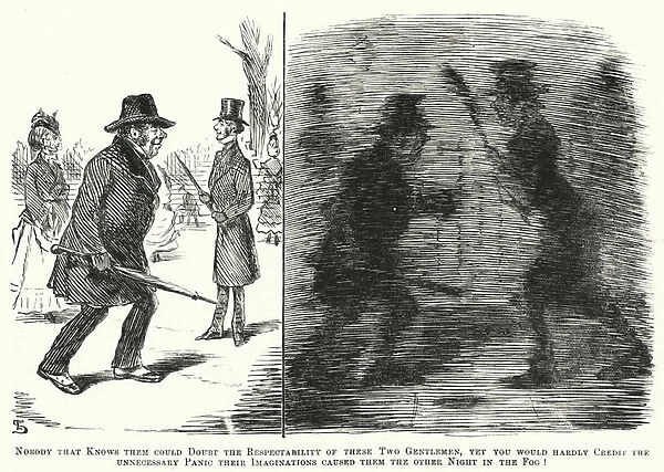 Punch cartoon: fog in London in Victorian times (engraving)