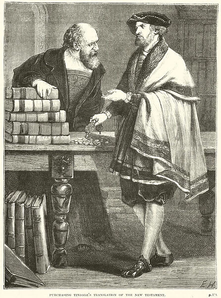 Purchasing Tindales translation of the New Testament (engraving)