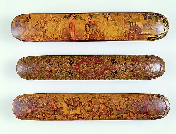 Qajar polychrome lacquered papier-mache qalamdan (pen case) painted with a scene of the Last Judgement, the damned to the left, the sacred to the right, c.1880, Tehran; Qajar qalamdan painted with a scene of Shah Ismail defeating the Uzbeks, c.1860