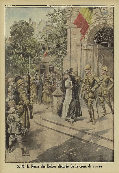 Queen Elisabeth of the Belgians receiving the French Croix de Guerre, World War I, 1916 (colour litho)
