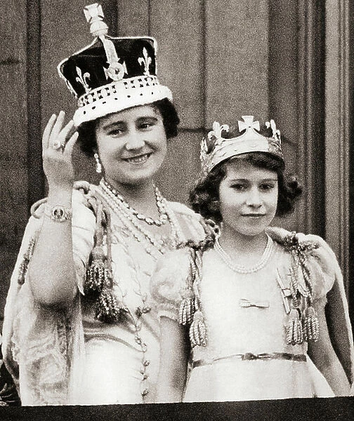 Queen Elizabeth, The Queen Mother with Princeess Elizabeth on Coronation Day in 1937 (b / w photo)