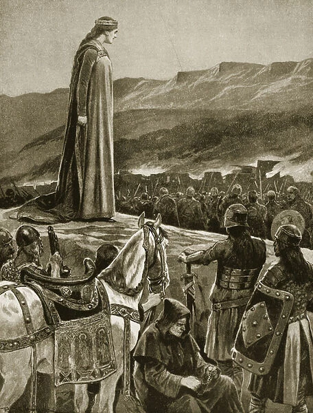 Queen Ethelfled watching the storming of Brecon, illustration from Hutchinson