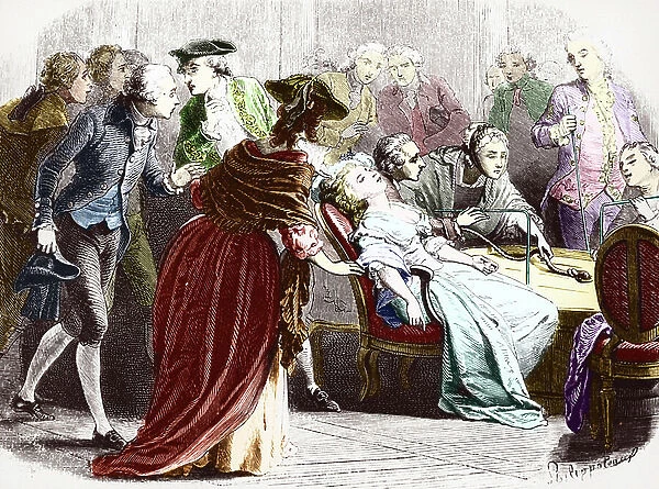 Queen Marie Antoinette and members of the Royal Court at a bucket session (Mesmer's bucket) The Queen is fainted - (Demonstration by Frederic Antoine Mesmer (Franz Anton Mesmer, 1733-1815), German doctor