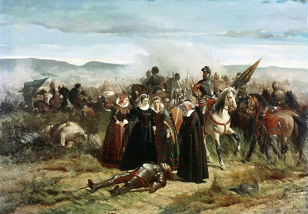 Queen Mary Stuart on the Crookston battlefield representation of the Battle of Langside near Glasgow on 13 May 1568 opposing Queen Mary Iere with regent her half-brother James Stuart (Mary Queen of Scots, at the Battle of Langside)