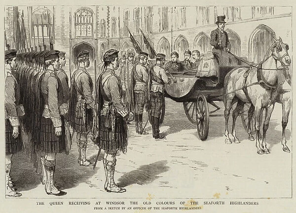 The Queen receiving at Windsor the Old Colours of the Seaforth Highlanders (engraving)