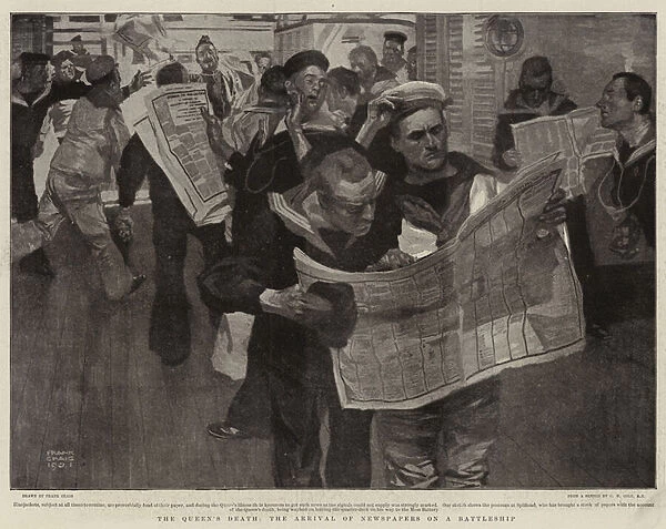 The Queens Death, the Arrival of Newspapers on a Battleship (litho)