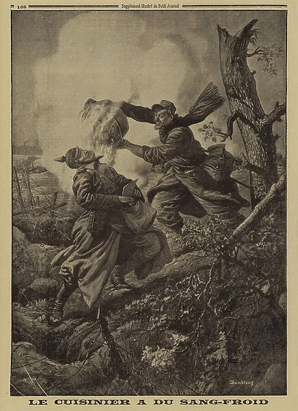 Quick-thinking French Army cook throwing a pot of soup in the face of a German soldier attacking his position with grenades, World War I, 1915 (litho)
