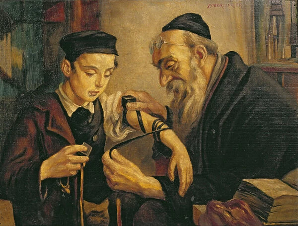 A Rabbi tying the Phylacteries to the arm of a boy (oil on canvas)