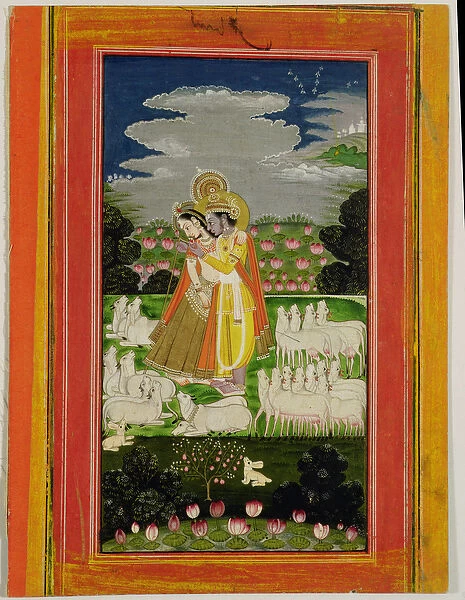 Radha and Krishna embrace in an idealised landscape with cows, c