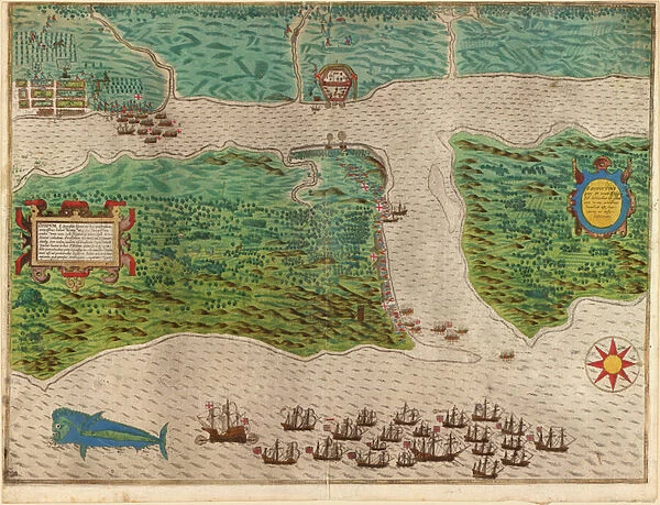 Raid on the Spanish settlement of St Augustine in Florida, 1586 (coloured engraving)