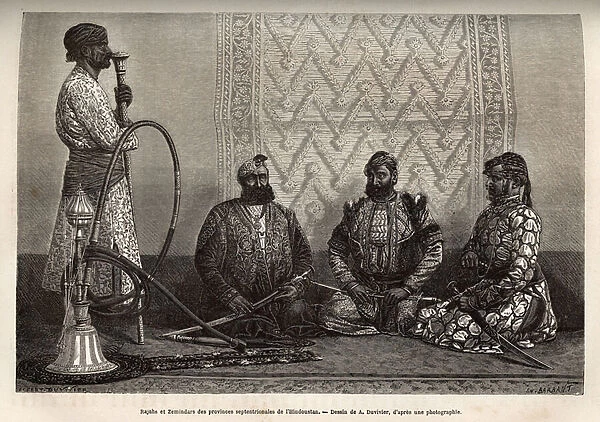 Rajahs (princes) and Zemindars (landowners) of the northern provinces of Hindustan, engraved after the drawing by A. Duvivier, illustrating the journey in India of the Rajahs, in 1864-1868, by Louis Rousselet