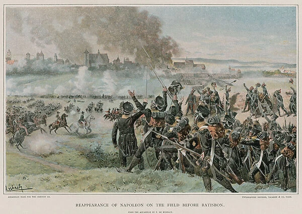 Reappearance of Napoleon on the field before Ratisbon (colour litho)