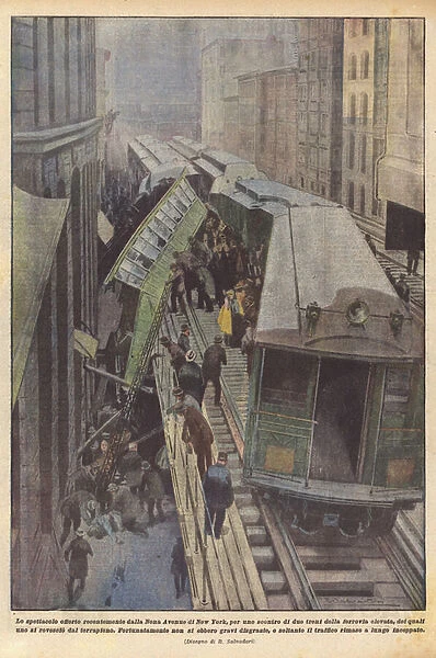 The show recently offered by Ninth Avenue in New York, for a clash of two trains... (colour litho)
