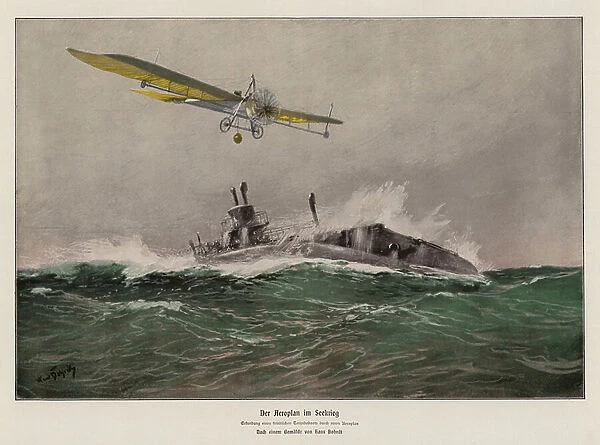 Reconnaissance of an enemy submarine by an aeroplane (colour litho)
