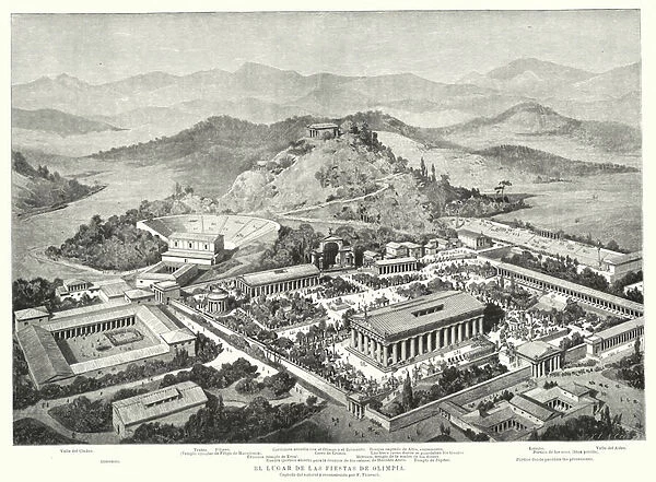 Reconstruction of ancient Olympia, Greece (litho)