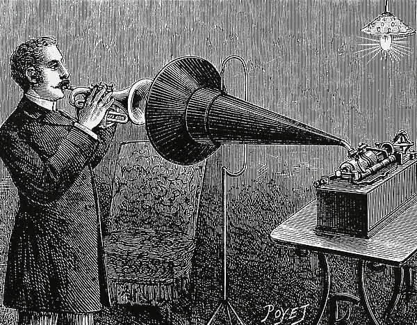 Recording a trumpet player using Thomas Edison Phonograph, 1889