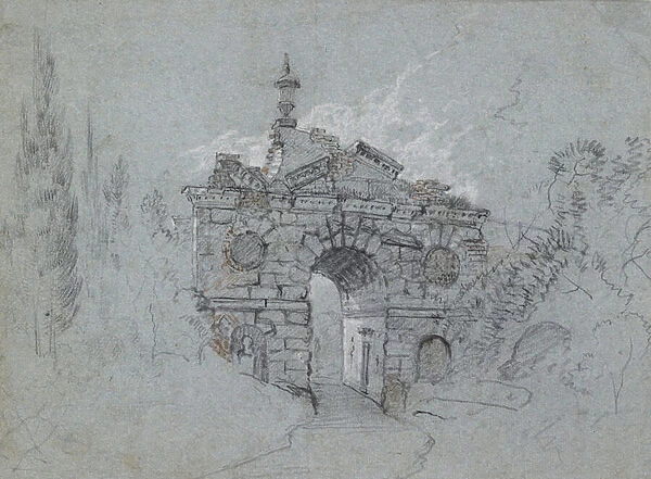 Recto: The Ruined Arch at Kew (red, black and white chalk on blue paper)