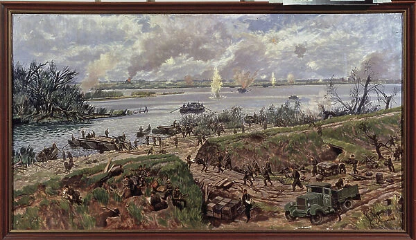 The red army forces the crossing of the Vistula (Poland), 1944 (oil on canvas)