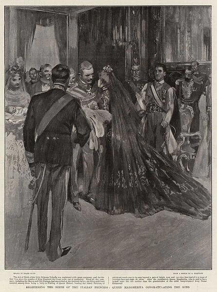 Registering the Birth of the Italian Princess, Queen Margherita congratulating the King (litho)