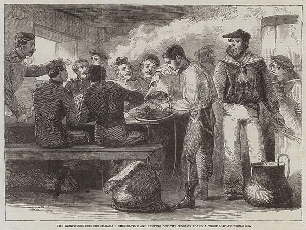 The Reinforcements for Canada, Dinner-Time and serving out the Grog on Board a Troop-Ship