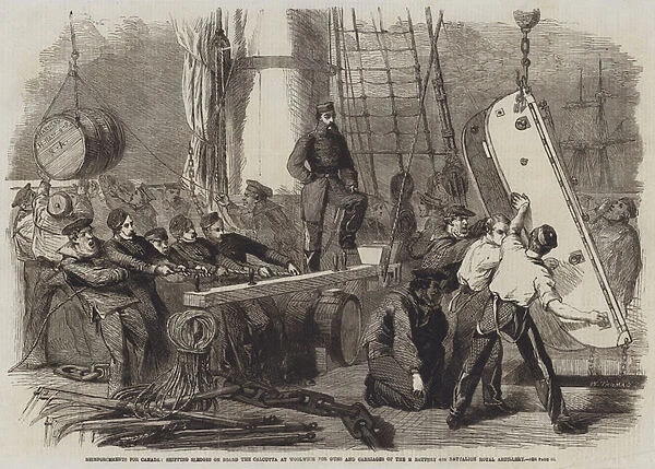 Reinforcements for Canada, shipping Sledges on Board the Calcutta at Woolwich for Guns and Carriages of the H Battery 4th Battalion Royal Artillery (engraving)
