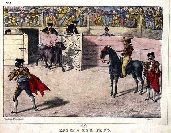 Release of Taurus, bullfighting in Spain, lithography sd. 19th century