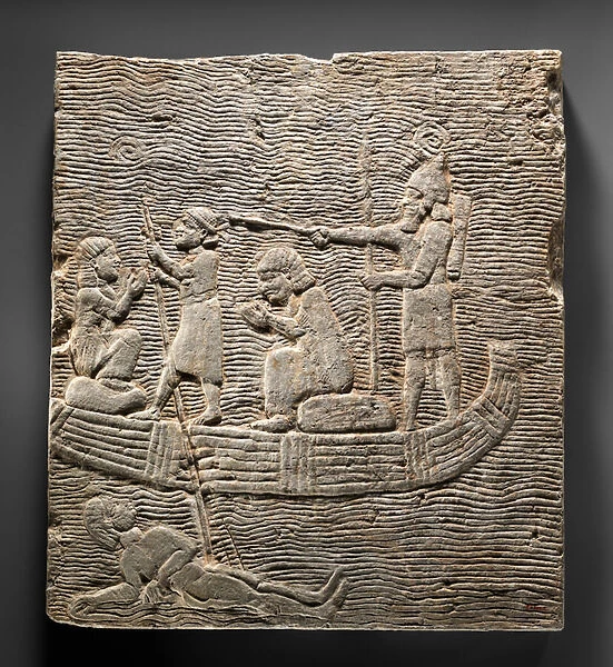 Relief: Assyrian soldier conducting captives across the water, c