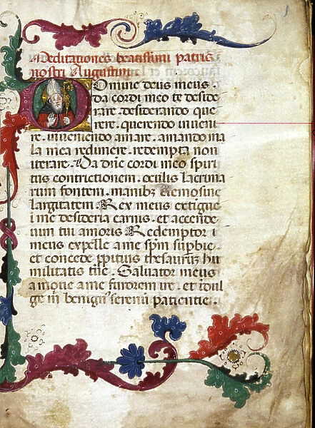 Religious manuscript of the 15th century, deviated to Saint Augustine, represented on the top left in the lettrine