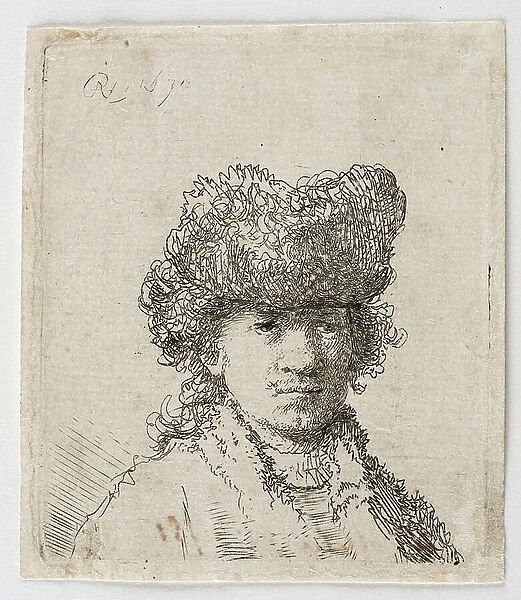 Rembrandt in a stuffed cap and white coat, 1630 (Etching)
