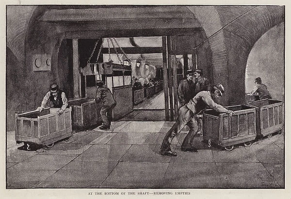 Removing empty coal trucks at the bottom of a mine shaft (litho)