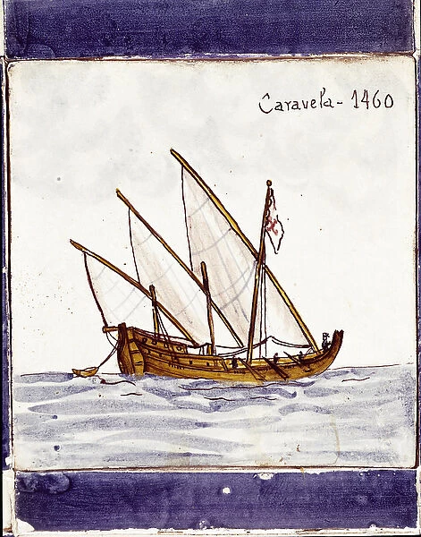 Representation of a caravel of the Portuguese fleet (Drawing on ceramic (azulejo), 1460)