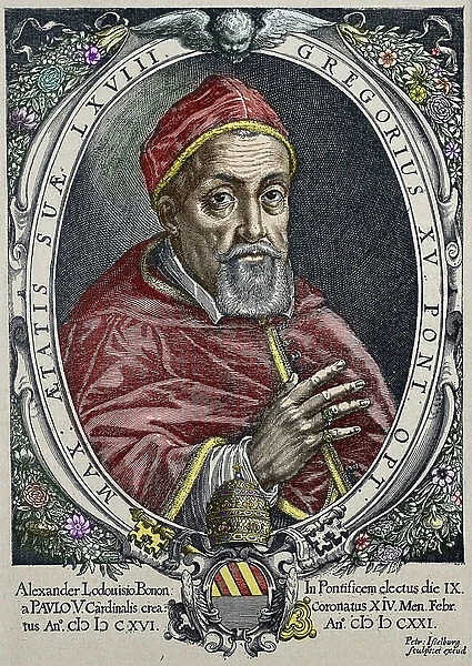 Representation of Pope Gregoire XV (Gregorio, Gregorius or Gregory) (1554-1623) Engraving by Peter Isselburg - (Portrait of Pope Gregory XV (1554-1623), engraving by Peter Isselburg) Private collection