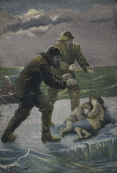 Rescue of two children from a floating ice floe, 1831 (colour litho)